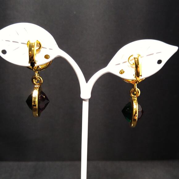 Swarovski Gold Plated Drop Earrings, Blue Green Purple Crystals, 1990s Swan Logo - Picture 3 of 10
